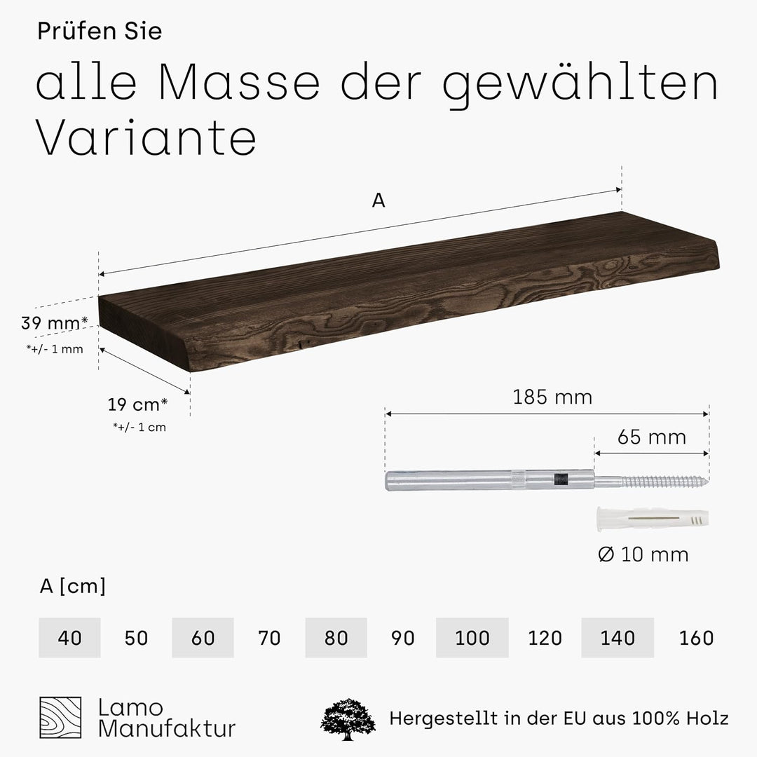 LAMO Manufaktur Wandregal Holz Baumkante | Regal Farbe: Schwarz | Invisible: Schweberegal | 70 cm In