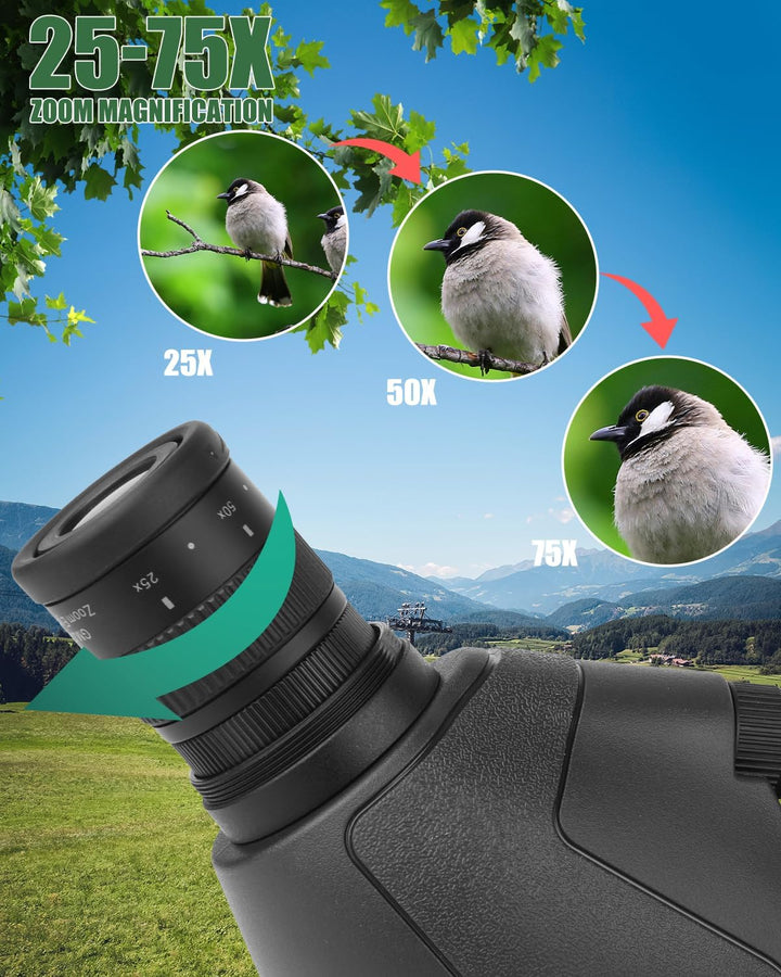 25-75x70 HD Spektiv Sportschützen mit Stativ- und Smartphone-Adapter, Zoom Bak4 Prism FMC Lens 45-Gr