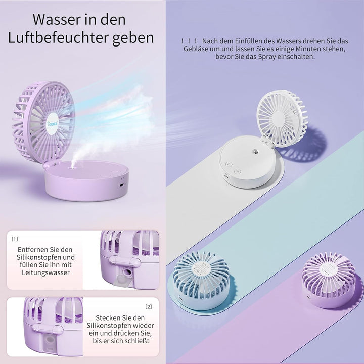 Handventilator mit Kühlen Nebel,Tragbarer Mini Ventilator USB-Aufladbar,5 Geschwindigkeiten,Faltbare
