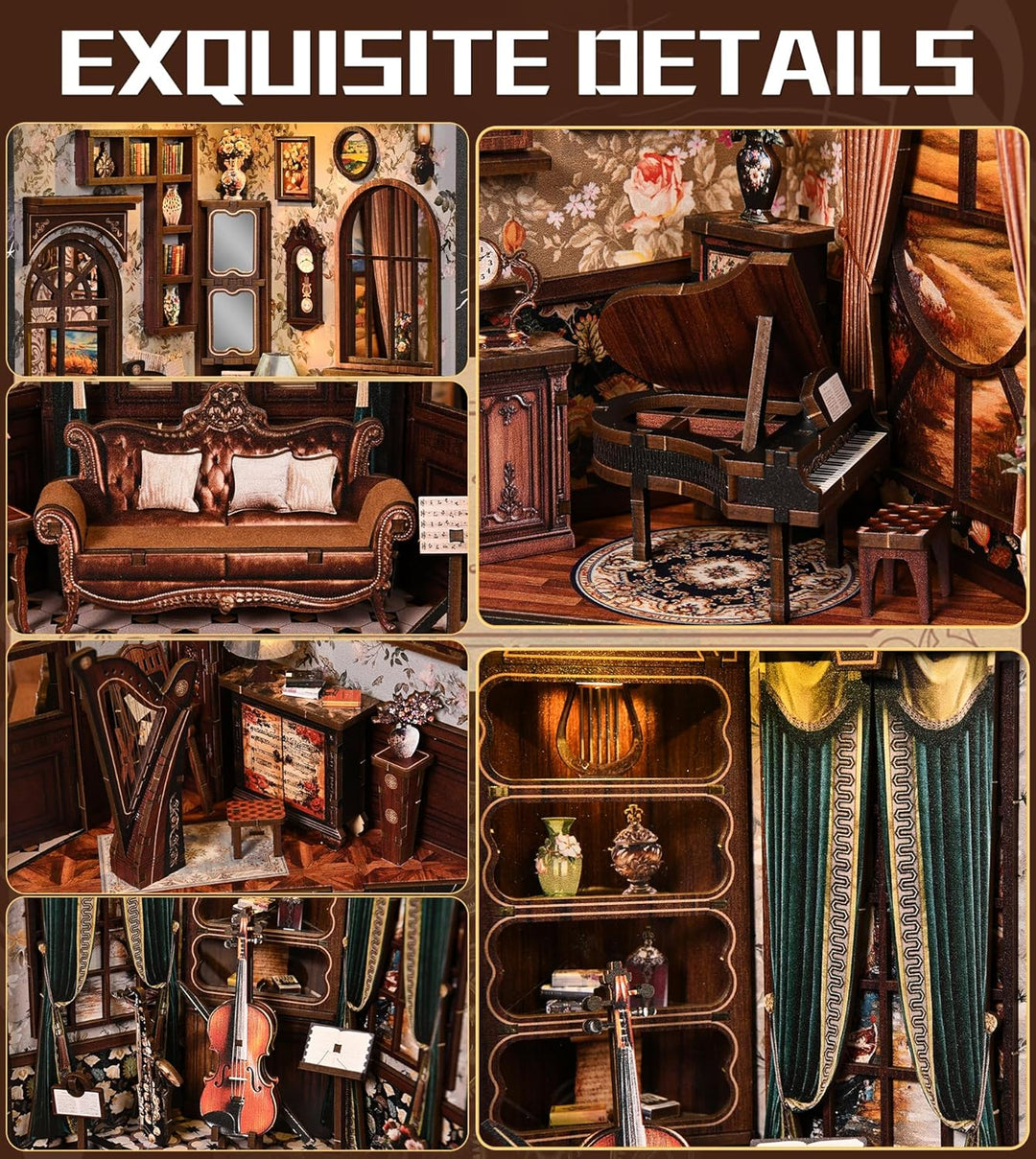 Spilay Miniatur Haus, European Melody Box DIY Miniature House mit LED-Licht, 3D Holz Puppenhaus Bast