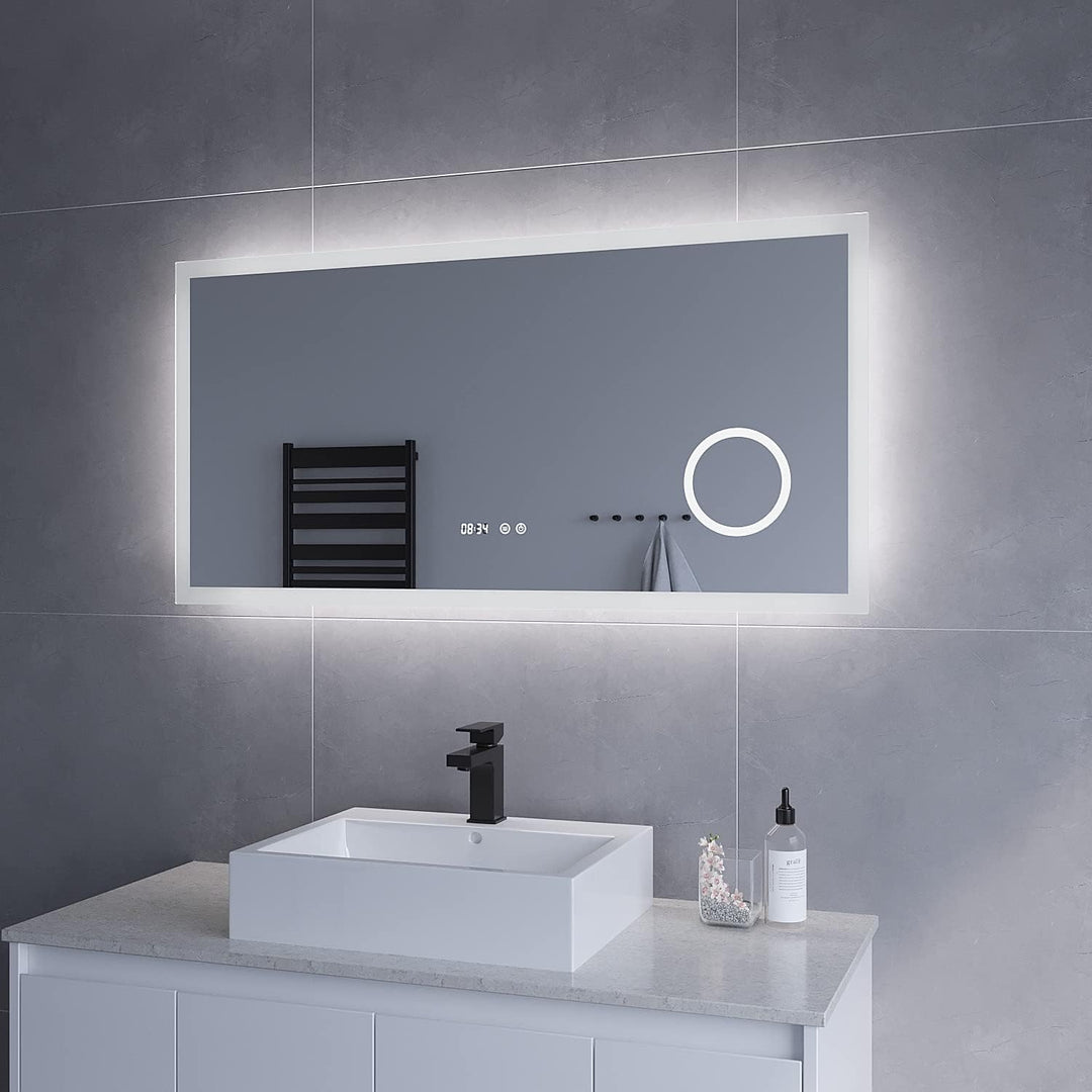 Badezimmerspiegel mit Licht Schminkspiegel Digital Uhr 120x60 cm Badspiegel mit LED Beleuchtung Kalt