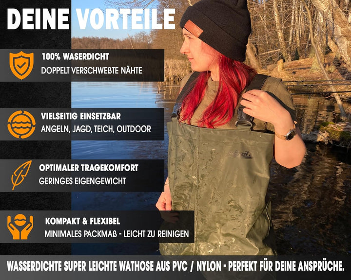 Magic Baits Wathose Wader Watstiefel Watbekleidung PVC Nylon Wasserdicht Anglerhose 45 olive grün, 4