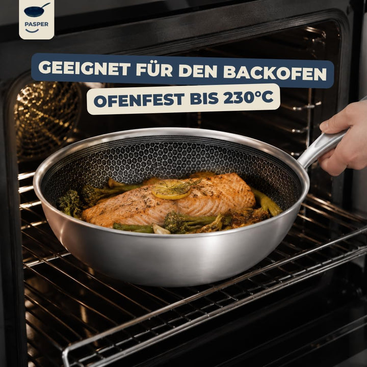 Wokpfanne Ø 28 cm – PFAS-frei – Induktion, Elektro, Keramik, Gas &amp; Backofen – Edelstahlpfanne mit kr