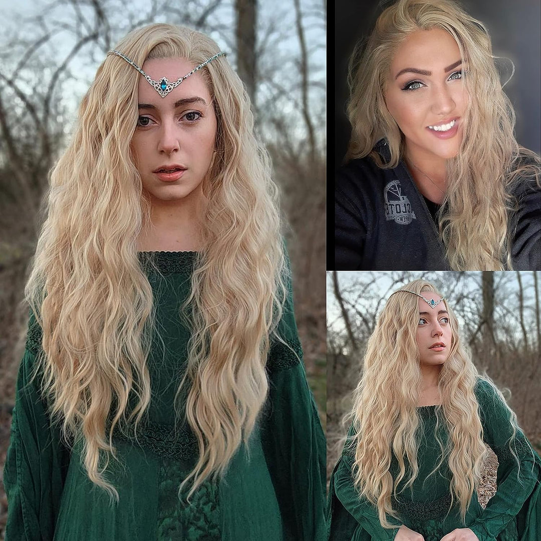 PORSMEER Blond Lace Front Perücke Lang Lockige Gewellte Perücke für Damen 13x4 Lace Front Glueless W