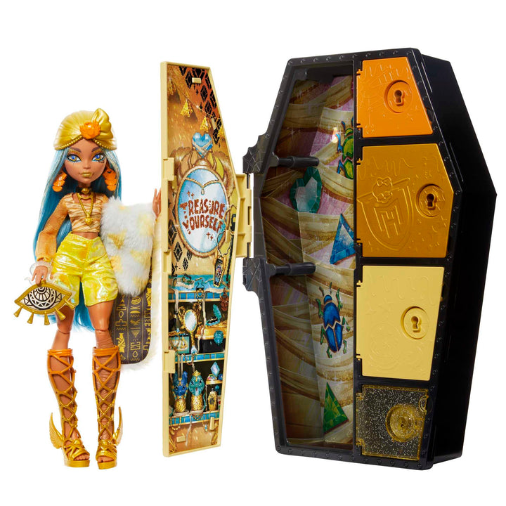 Monster High Skulltimate Secrets Fearidescent - Cleo de Nile Puppe mit sargförmigem Spind mit über 1