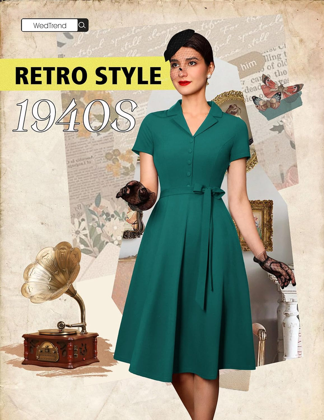 Wedtrend Vintage Cocktailkleid Damen A Linie Midilang V-Ausschnitt Abendkleid Elegant Freizeitkleide