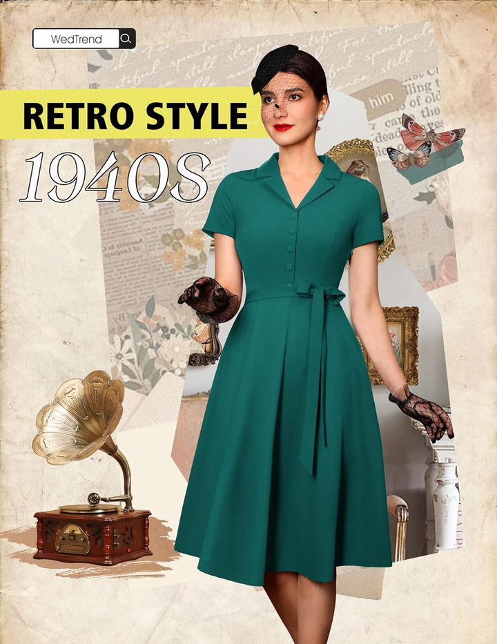 Wedtrend Vintage Cocktailkleid Damen A Linie Midilang V-Ausschnitt Abendkleid Elegant Freizeitkleide