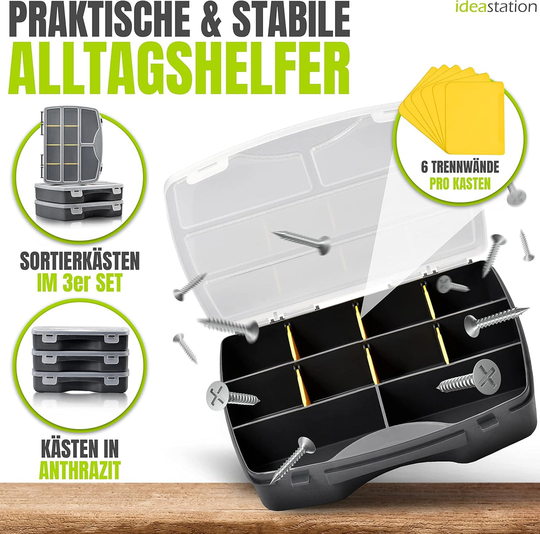 Sortierkasten 3 Stück / 19 x 15 cm - anthrazit - Organizer Box mit transparentem Deckel - Sortierbox