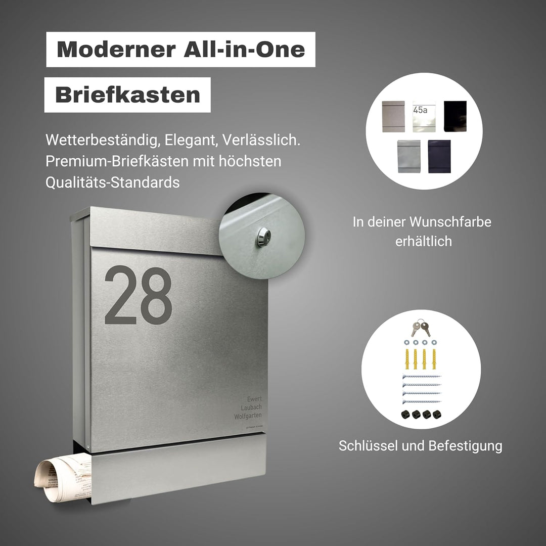 Radius® Designer Briefkasten Edelstahl - Briefkasten mit Zeitungsfach für Zeitungsrolle - Postkasten