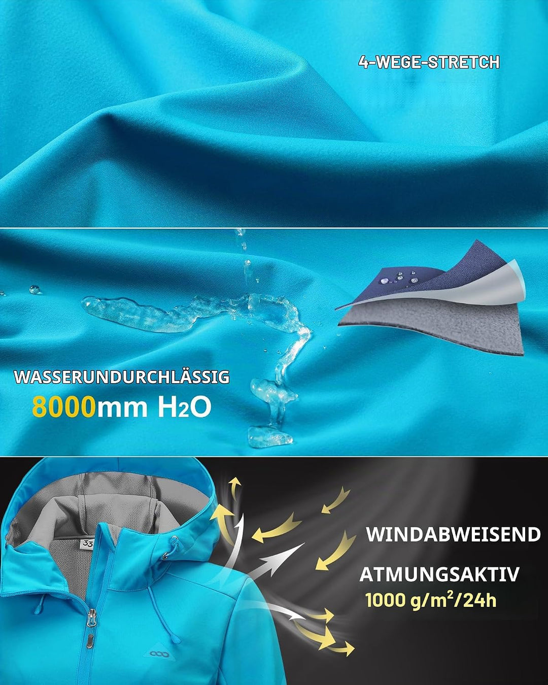 33,000ft Damen Softshelljacke Wasserdichte Winddichte Funktionsjacke Atmungsaktive Übergangsjacke Le