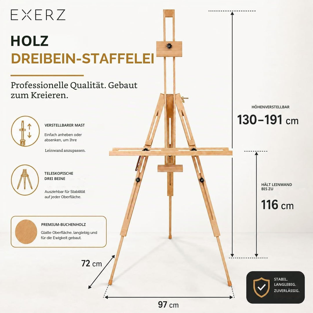 Exerz Staffelei/Tragbare Staffelei mit drei Stützen - Max. 191cm - Buchenholz