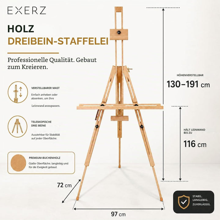Exerz Staffelei/Tragbare Staffelei mit drei Stützen - Max. 191cm - Buchenholz