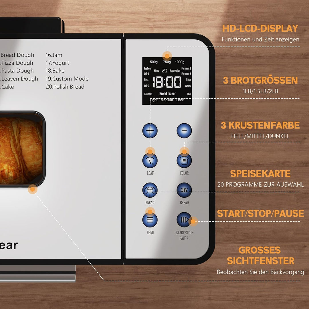 Karinear Brotbackmaschine, 20 Programmfunktion Brotbackautomat mit Handschuhen, 15-Stunden-Zeitvorwa