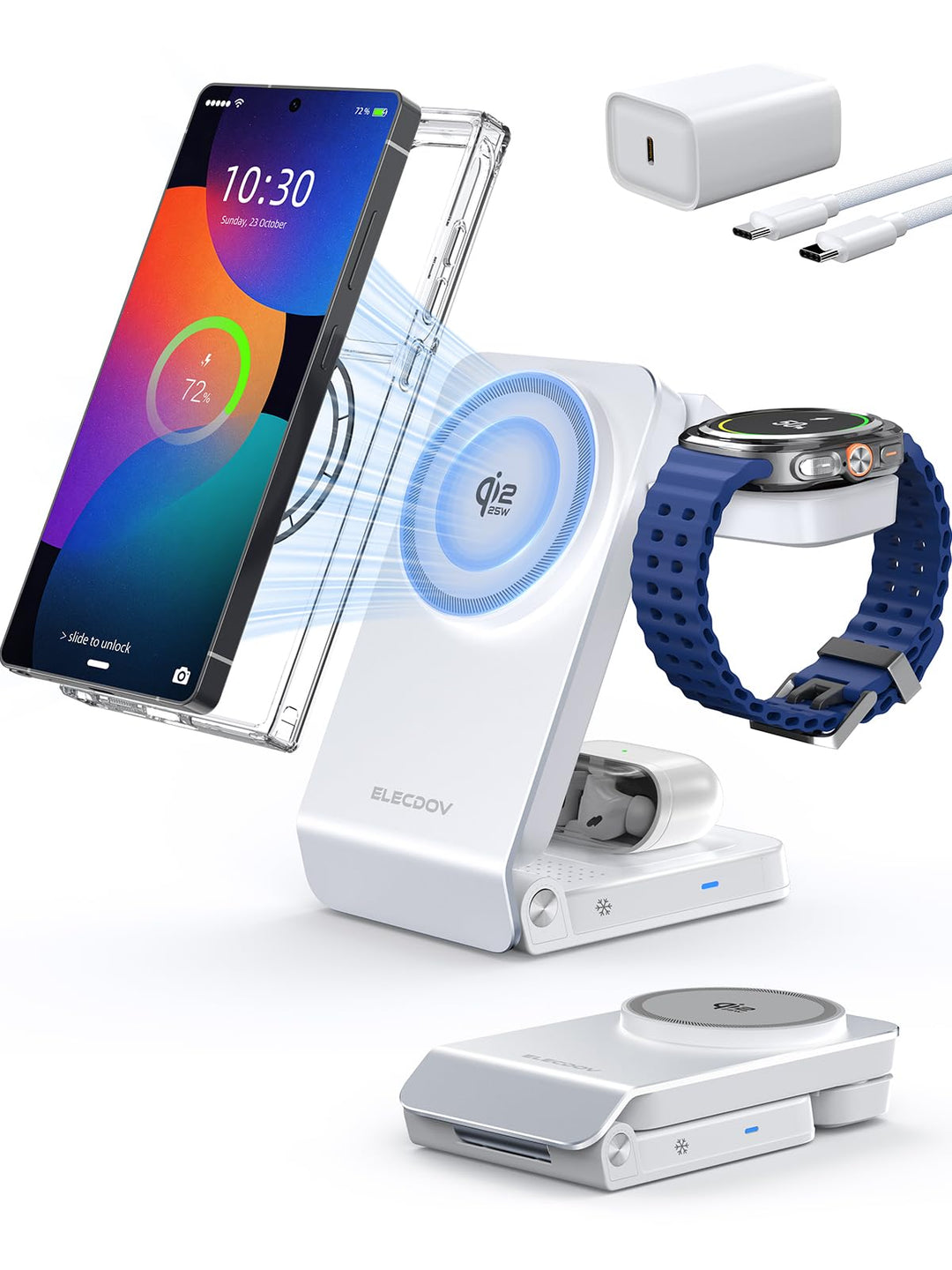 Magnetic Wireless Ladestation für Samsung mit Aktiver Kühlung, 3 in 1 Induktive ladestation für Sams