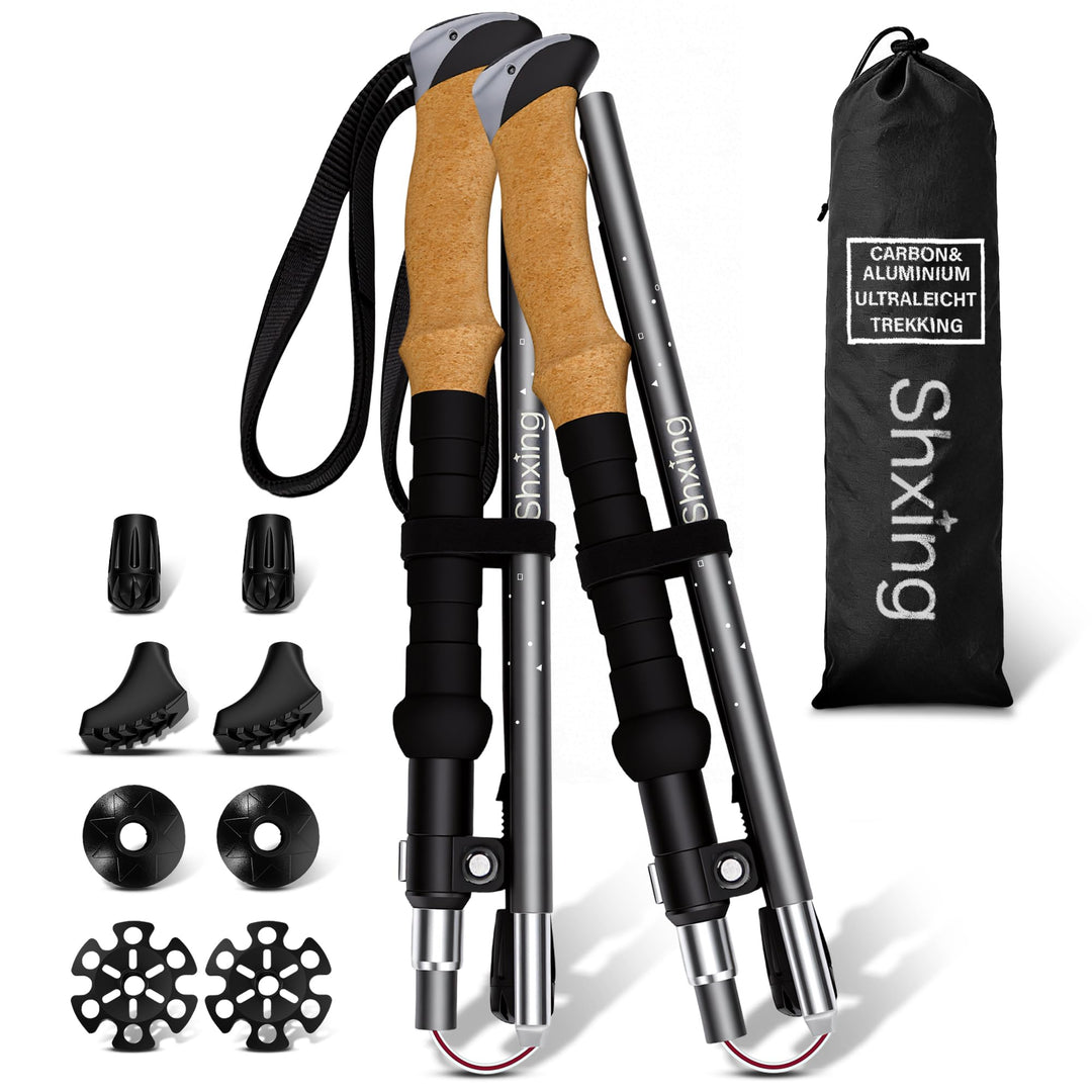 Faltbare Wanderstöcke 2er Set, Carbon 3K & Aluminium 7050, Verstellbar 110-135 cm, Korkgriff mit Eva