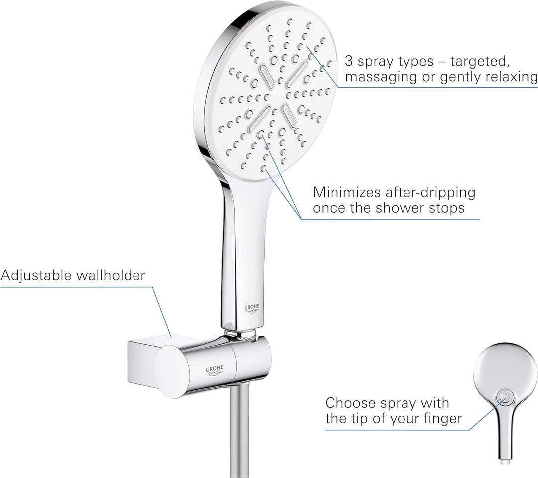 GROHE wassersparende Handbrause Duschkopf Set inkl. Wandhalter, Rainshower 130 SmartActive, EcoJoy,