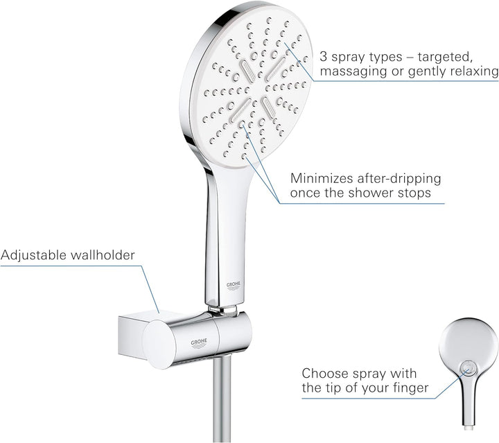 GROHE wassersparende Handbrause Duschkopf Set inkl. Wandhalter, Rainshower 130 SmartActive, EcoJoy,