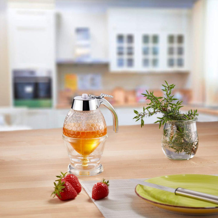 Westmark Honigbirne/Honig-Dosierer mit Untersatz, Fassungsvermögen: 200 ml, Wabenmuster, Glas/Kunsts