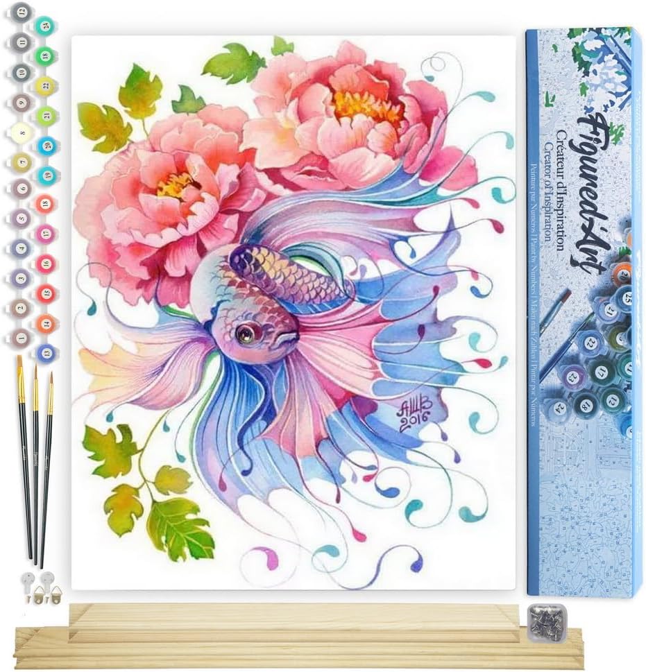 Figured'Art Malen Nach Zahlen Erwachsene Mit Rahmen Blumen und Fische - Paint by Numbers Basteln DIY