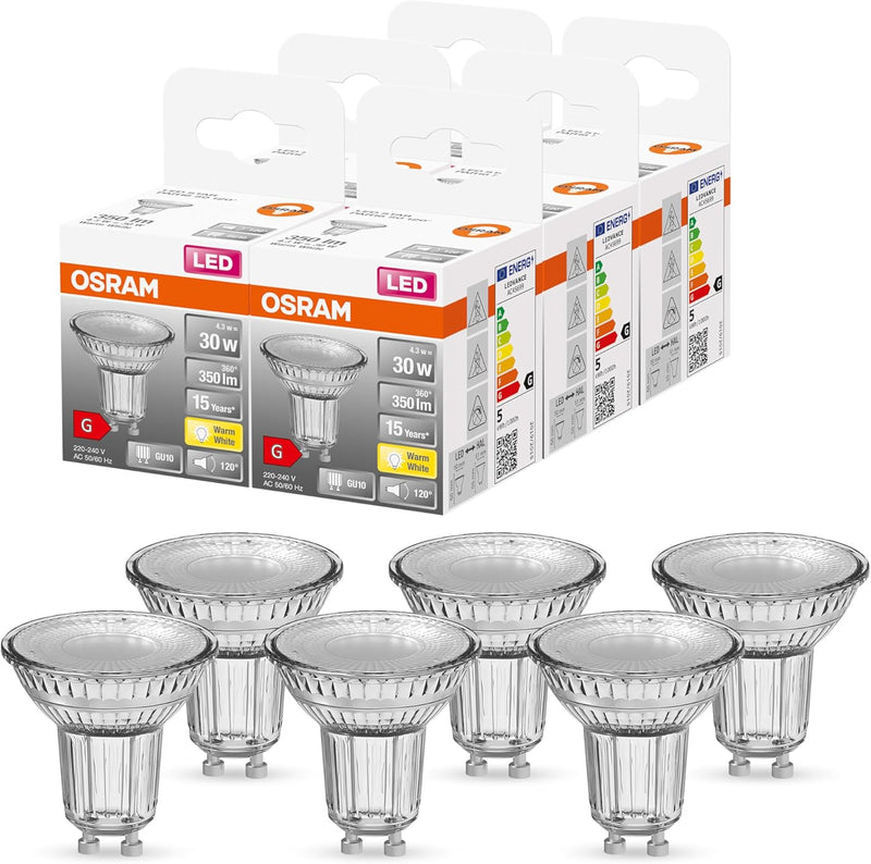 OSRAM PAR16 LED Reflektorlampe mit GU10 Sockel, Warmweiss (2700K), Glas Spot, 4.3W, Ersatz für 50W-R