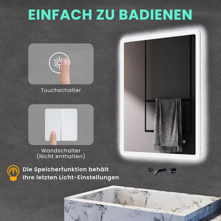 Badezimmerspiegel mit Beleuchtung 70x50cm,LED Badspiegel Badezimmer Spiegel mit Beleuchtung Lichtspi