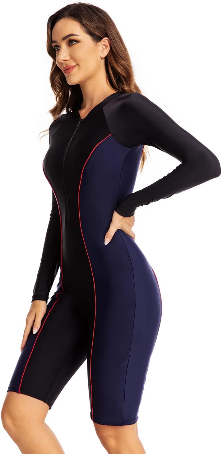 Ecupper Damen Badeanzug Einteiler Rash Guard Zip Up Lange Ärmel Surfen Bademode Gebaut in BH Badeanz