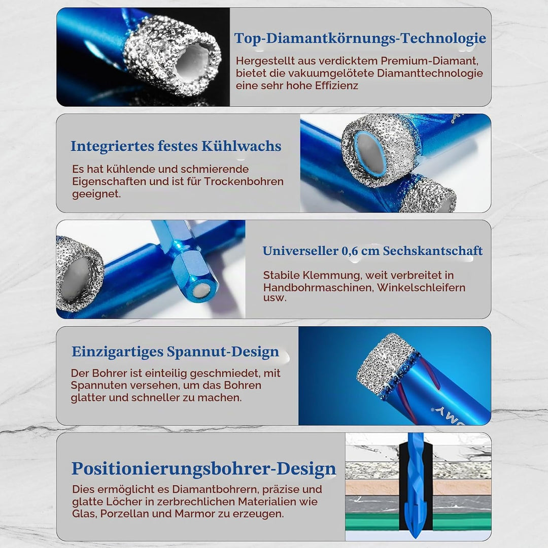 ASNOMY 6-tlg. Diamantbohrer Fliesenbohrer Glasbohrer Set [6, 6, 8, 10, 12mm] mit 6mm Karbid-Anbohrer