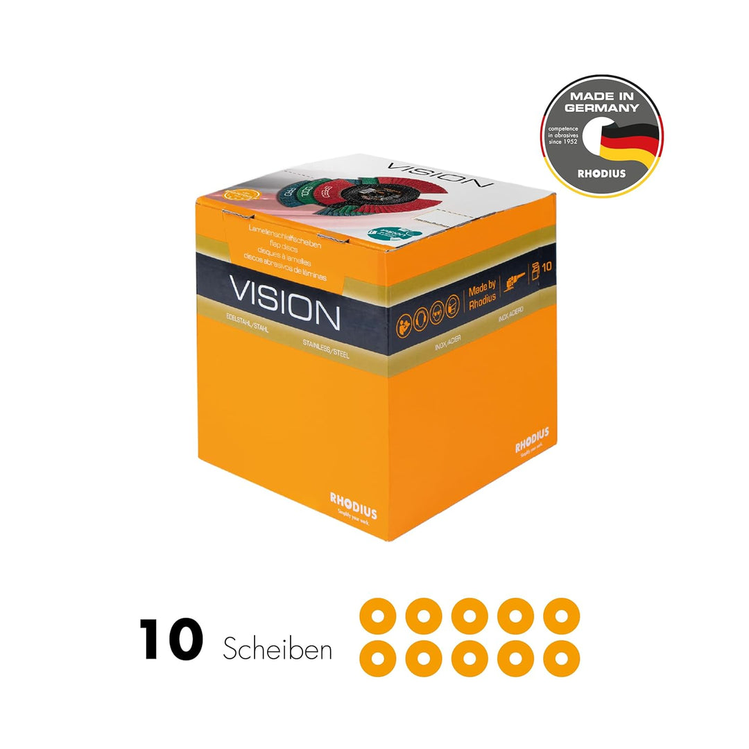 RHODIUS VISION PRO, 10 Stück Ø 125 mm K60 Fächerscheiben durchsichtig, Made in Germany, Metall Edels