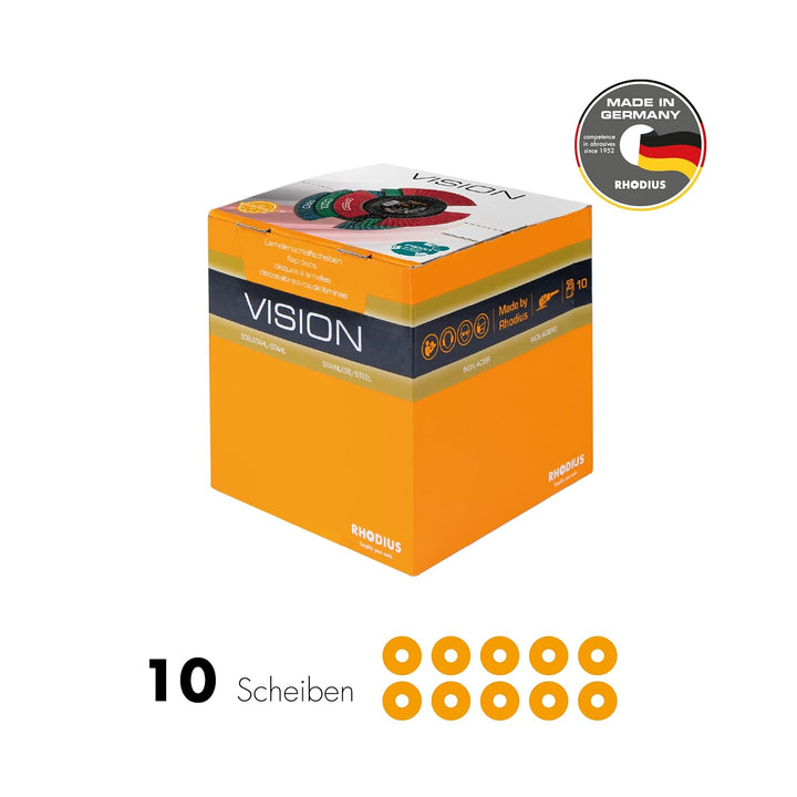 RHODIUS VISION PRO, 10 Stück Ø 125 mm K60 Fächerscheiben durchsichtig, Made in Germany, Metall Edels
