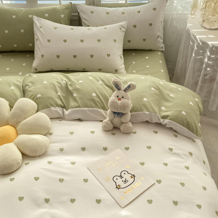 Freyamy Bettwäsche 135x200cm 2teilig Grün Weiss Herz Mädchen Bettwaren-Sets Romantisch Liebe Wendebe