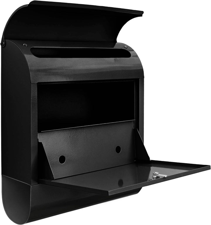 banjado Design Briefkasten schwarz Stahl mit Zeitungsfach - 39x47x13cm gross mit 2 Schlüssel - Brief