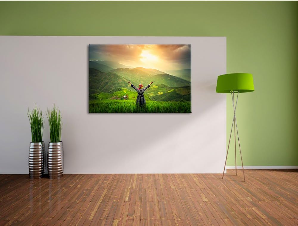 Pixxprint asiatische Berg Farm als Leinwandbild/Grösse: 100x70 cm/Wandbild/Kunstdruck/fertig bespann