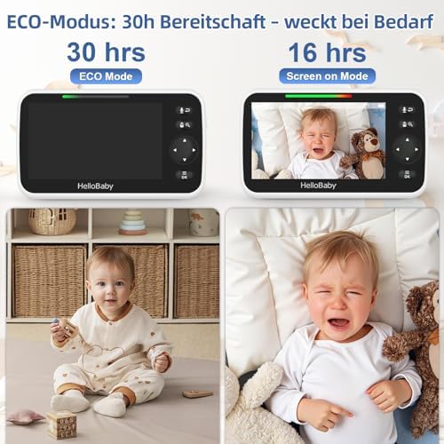HelloBaby Babyfon ohne WLAN mit Halterung, 5-Zoll-IPS-Bildschirm und 30 Stunden Akkulaufzeit mit VOX