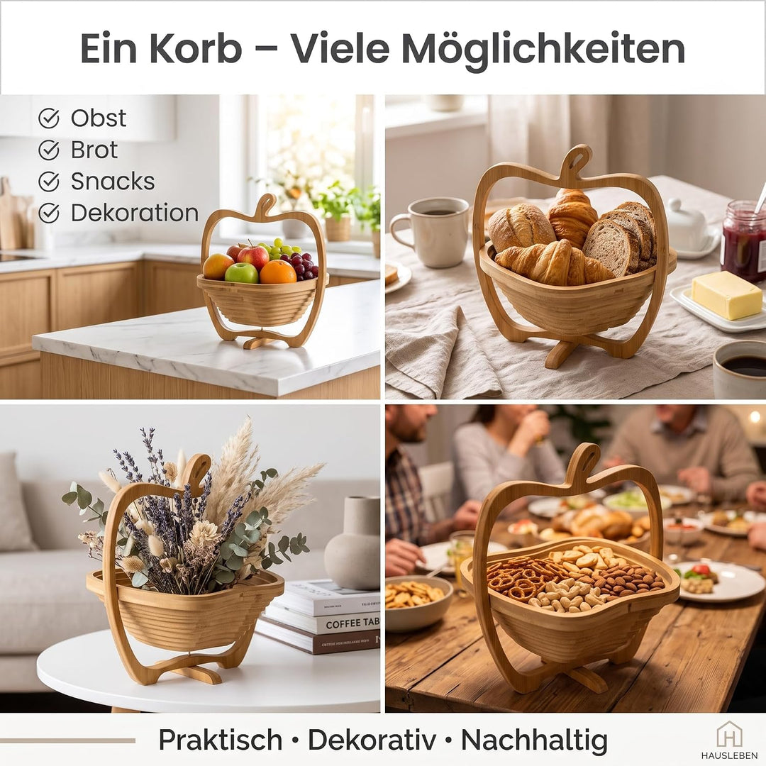 hausleben Obstkorb aus Bambus 3-in-1 Faltkorb – Obstschale, Gemüseschale &amp; Topfuntersetzer – Klappba