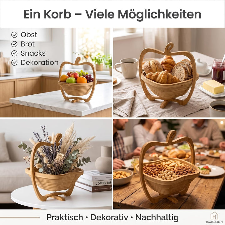 hausleben Obstkorb aus Bambus 3-in-1 Faltkorb – Obstschale, Gemüseschale &amp; Topfuntersetzer – Klappba