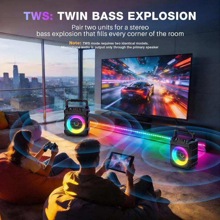 Dislocati Karaoke Maschine mit 2 Wireless Mikrofonen - 20W Tragbarer Party-Lautsprecher, LED-Lichtsh