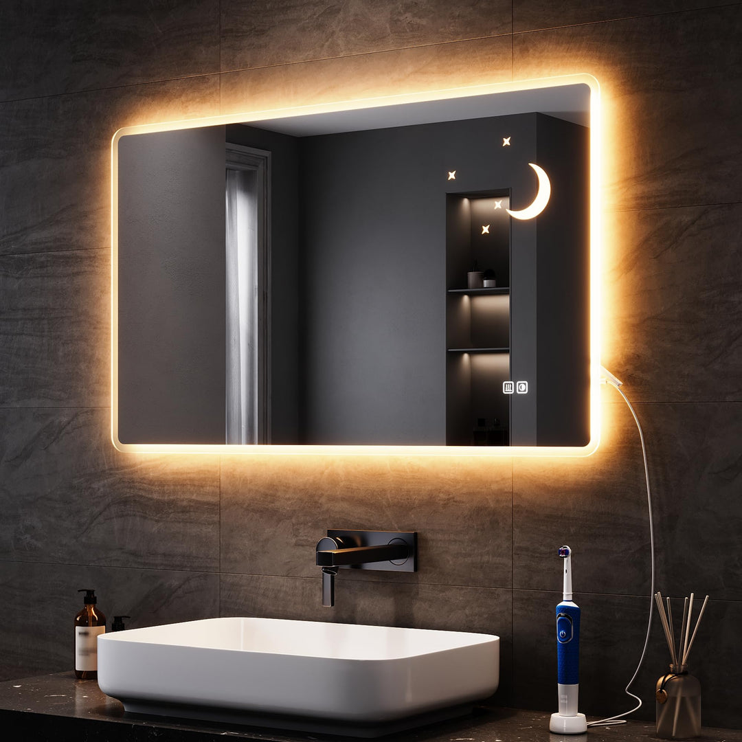 SONNI Badspiegel mit Beleuchtung 100x60 cm, LED Spiegel mit Touch-Schalter, Dimmbar, Beschlagfrei, 3