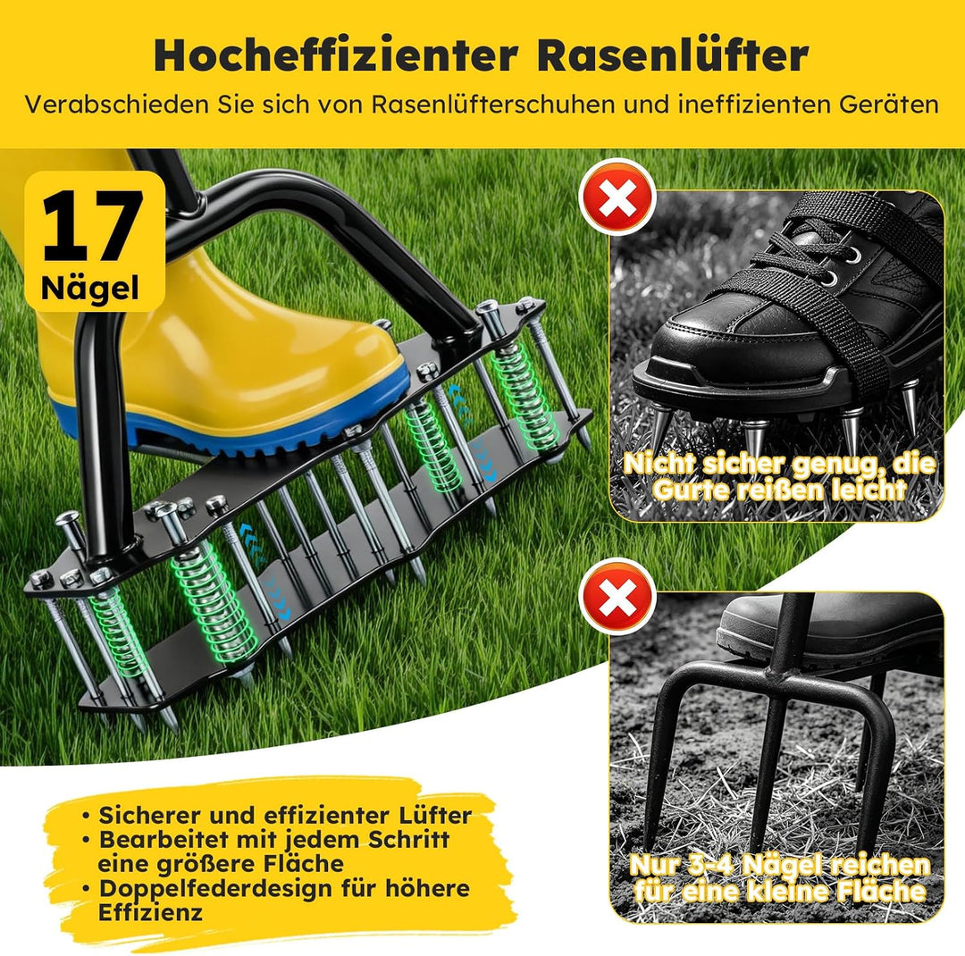 Rasenlüfter mit Feder – 17 scharfe Metallspitzen,T-Griff mit Polsterung – manueller Aerifizierer für