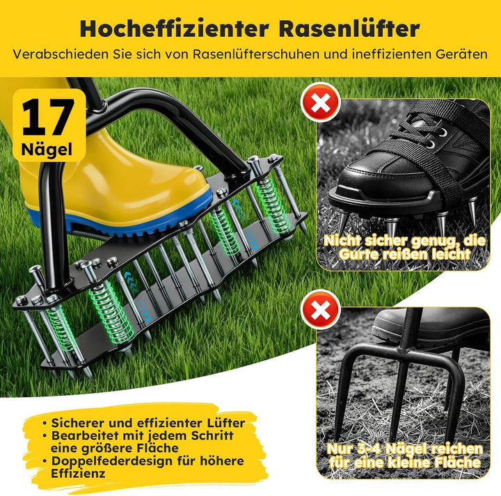 Rasenlüfter mit Feder – 17 scharfe Metallspitzen,T-Griff mit Polsterung – manueller Aerifizierer für