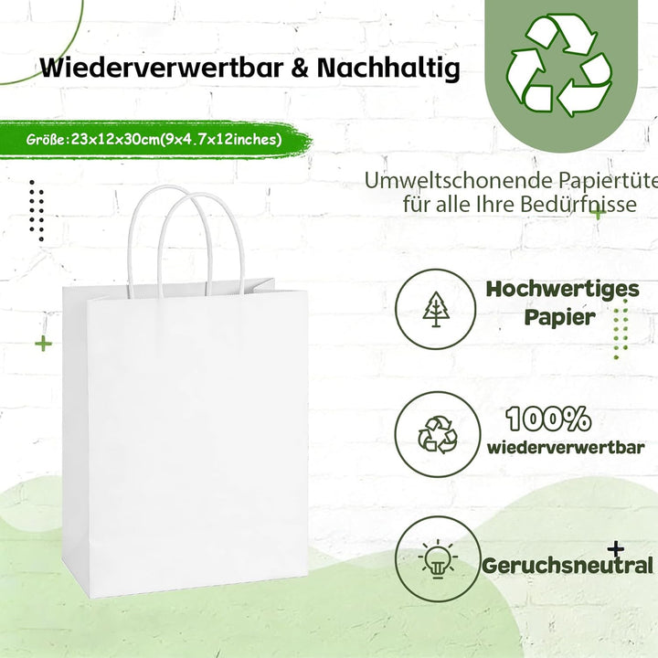 Weifeng 45 Stück Papiertüten Gross Weiss 23x12x30cm Geschenktüten Paper Bags Kraftpapier Taschen meh