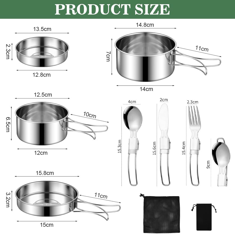 SLTAXAR Camping Kochgeschirr Set Edelstahl Kochtopf mit Pfanne Outdoor Kochgeschirr Picknick Topf 2-
