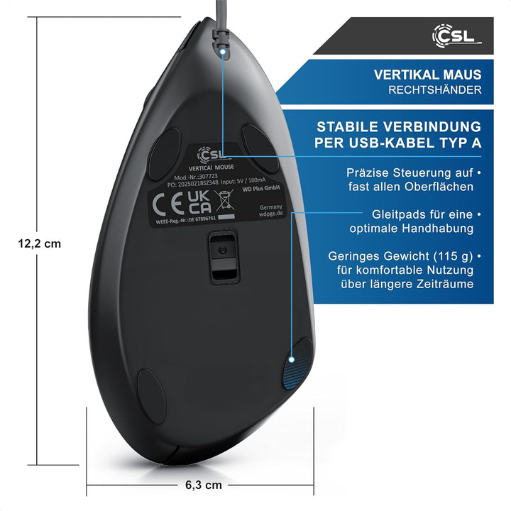 CSL - optische Maus kabelgebunden 6400 DPI - vertikale Ausführung - ergonomisches Design - Vorbeugun