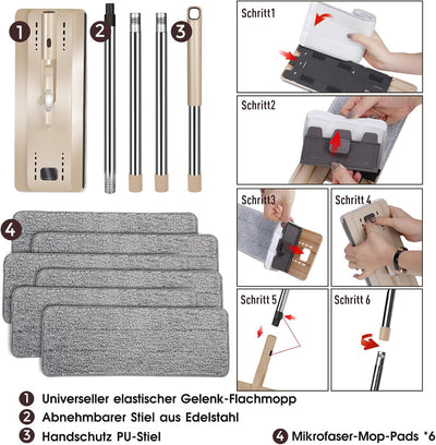 Masthome Wischmopp Set mit Eimer,2 In 1 Putzeimer mit Wischer Wischmopp mit Auswringfunktion, 6 Wisc
