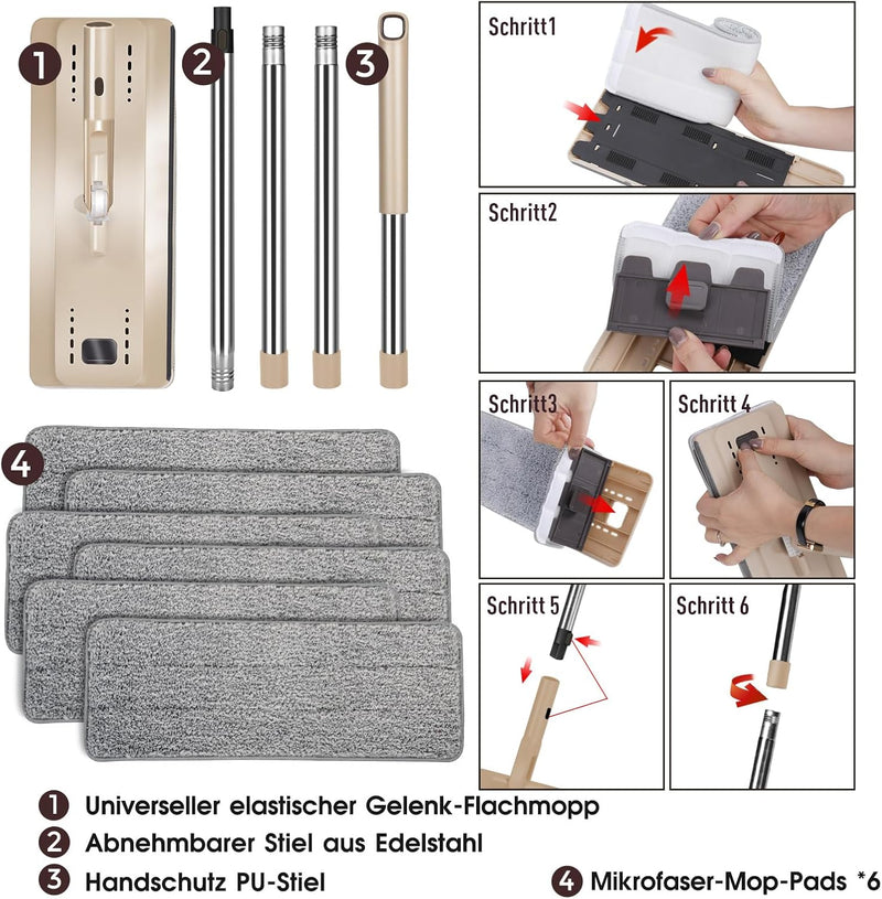 Masthome Wischmopp Set mit Eimer,2 In 1 Putzeimer mit Wischer Wischmopp mit Auswringfunktion, 6 Wisc
