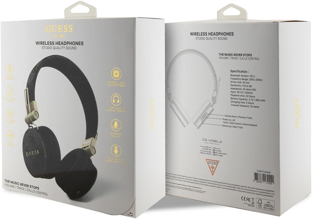 CG MOBILE Guess Kabellose Kopfhörer, 4G, PU-Leder, mit Metall-Logo, Schwarz