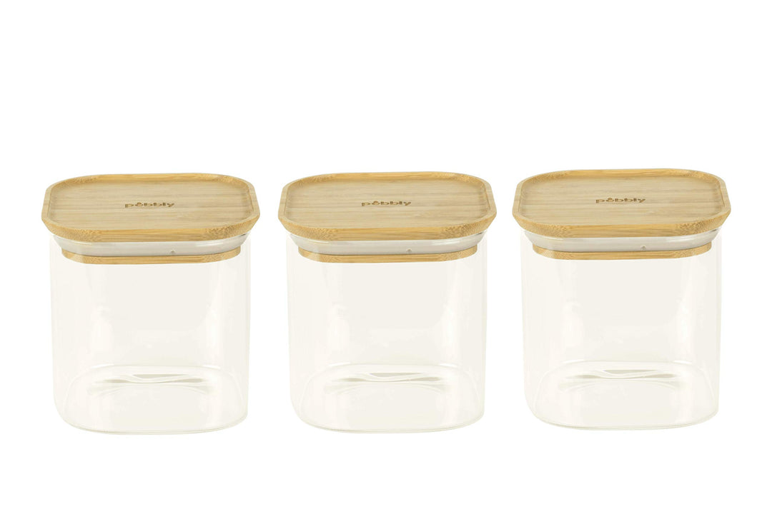 Pebbly 3ER-Set QUADRATISCHE GLASBEHÄLTER MIT BAMBUSDECKEL-800ml, Borosilikatglas, Bambus, Silikon, N