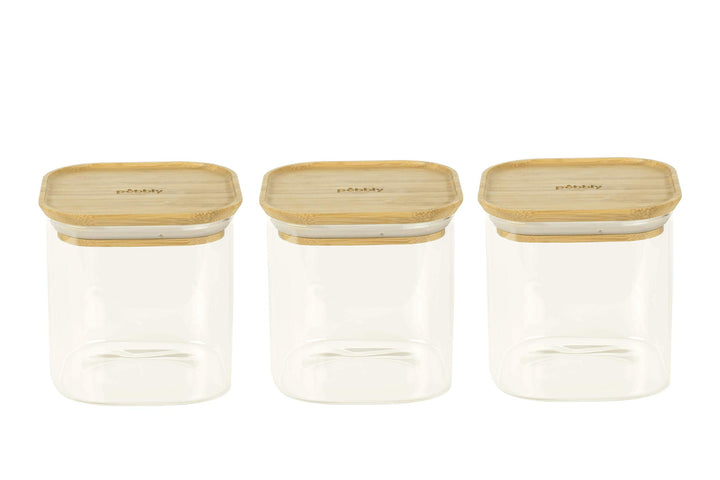 Pebbly 3ER-Set QUADRATISCHE GLASBEHÄLTER MIT BAMBUSDECKEL-800ml, Borosilikatglas, Bambus, Silikon, N