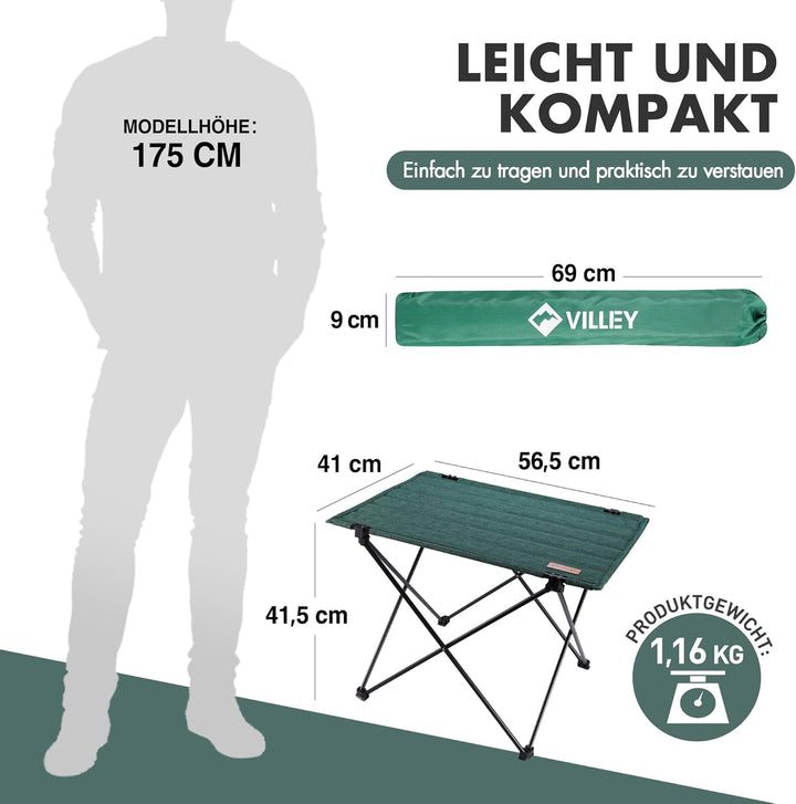 VILLEY Campingtisch Klappbar, Klapptisch Faltbar mit Aluminium und Oxford-Stoff, Kleiner Camping Fal