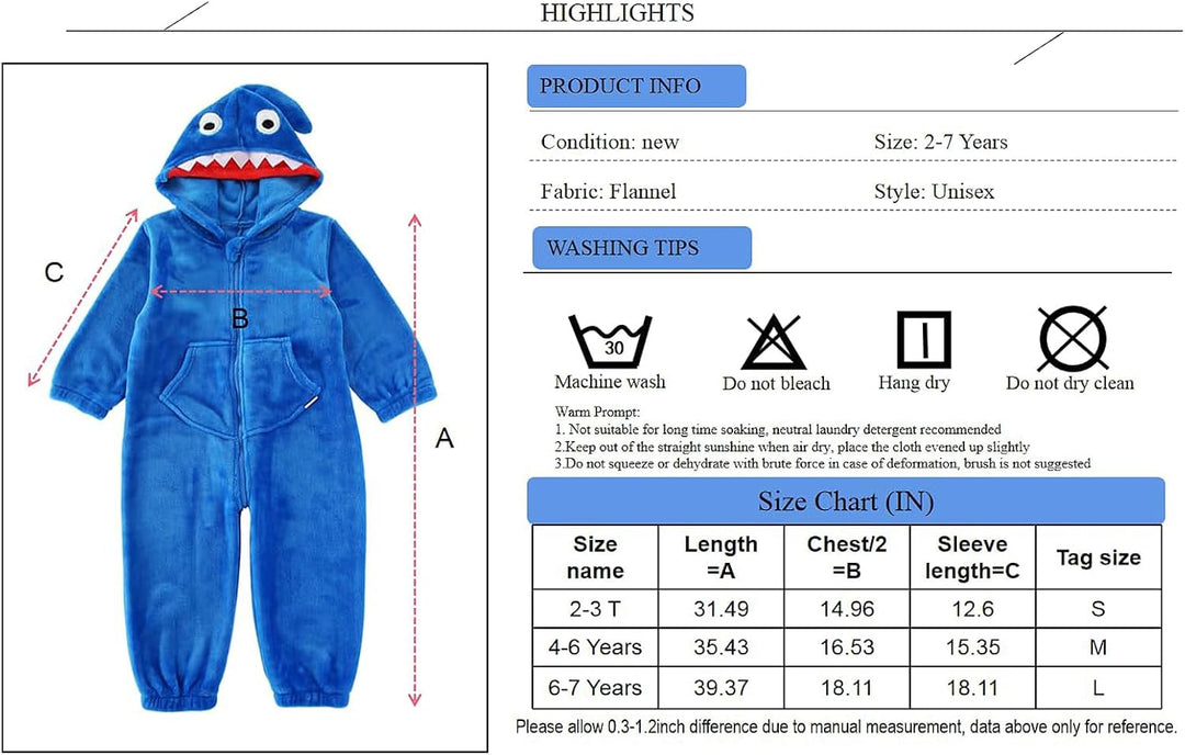 LOLANTA Kinder Hai Kostüm, Jungen Tier Flanell Strampler Overall mit Kapuze 2-3 Jahre Blau, 2-3 Jahr