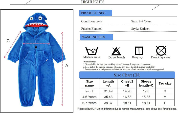 LOLANTA Kinder Hai Kostüm, Jungen Tier Flanell Strampler Overall mit Kapuze 2-3 Jahre Blau, 2-3 Jahr